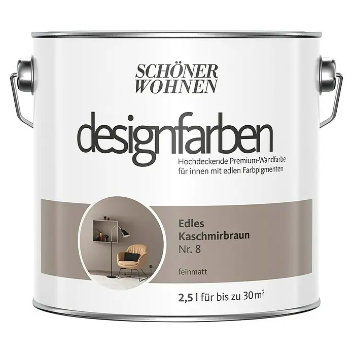 SCHÖNER WOHNEN-Farbe Wandfarbe Designfarbe - Edles Kaschmirbraun, Matt, 2,5 l, Konservierungsmittelfrei - Dose „Schöner Wohnen Designfarben“ in „Edles Kaschmirbraun Nr. 8“, eine matte Premium-Wandfarbe für Innenräume, Inhalt 2,5l für bis zu 30m².