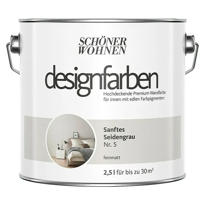 SCHÖNER WOHNEN-Farbe Wandfarbe Designfarbe - Sanftes Seidengrau, Matt, 2,5 l, Konservierungsmittelfrei - Abbildung einer Dose "Schöner Wohnen Designfarben" in "Sanftes Seidengrau Nr. 5", einer hochwertigen Innenwandfarbe.