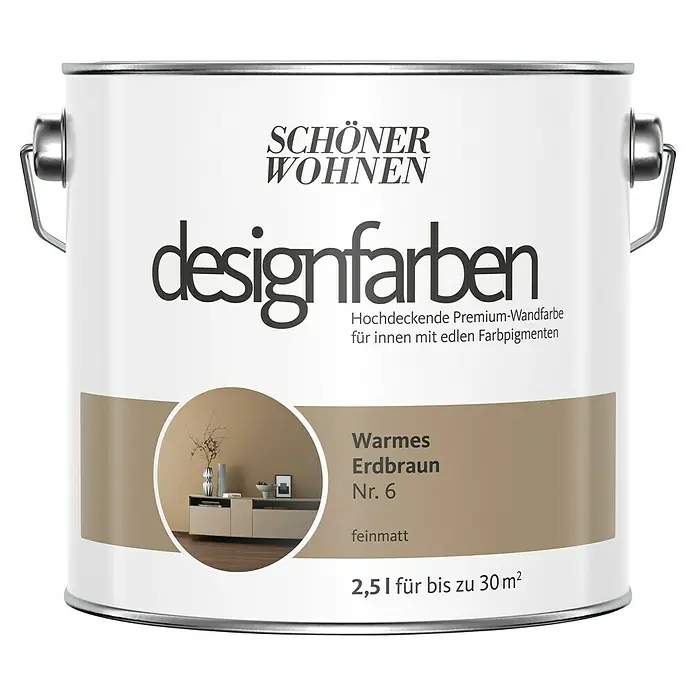 SCHÖNER WOHNEN-Farbe Wandfarbe Designfarbe - Warmes Erdbraun, Matt, 2,5 l, Konservierungsmittelfrei - Dose Schönere Wohnen Designfarben "Warmes Erdbraun Nr. 6", eine matte Premium-Wandfarbe für Innenräume.