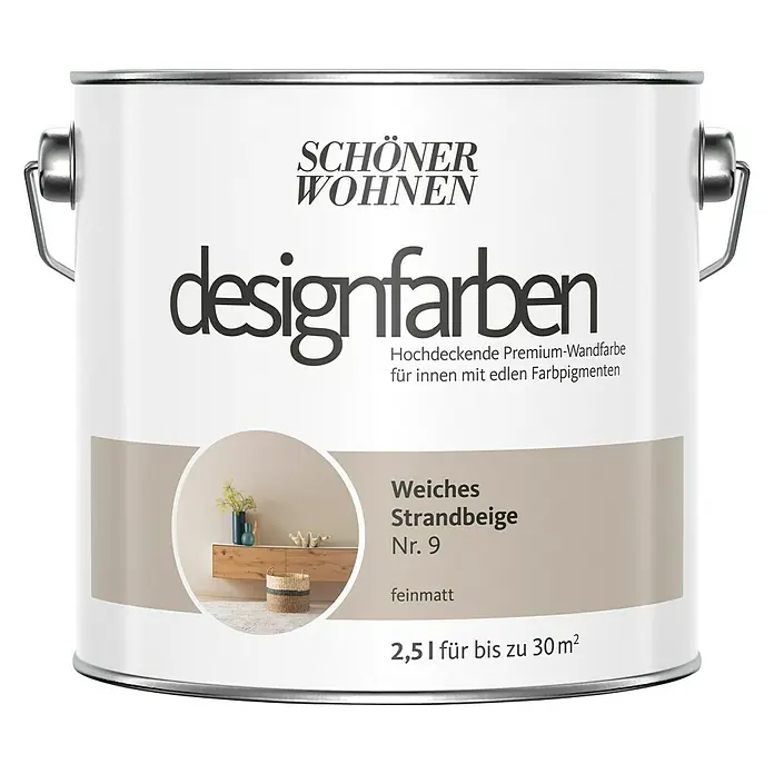 SCHÖNER WOHNEN-Farbe Wandfarbe Designfarbe - Weiches Strandbeige, Matt, 2,5 l, Konservierungsmittelfrei - Dose Schönner Wohnen Designfarben "Weiches Strandbeige Nr. 9" für hochwertige Innenraumgestaltung mit edlen Farbpigmenten.