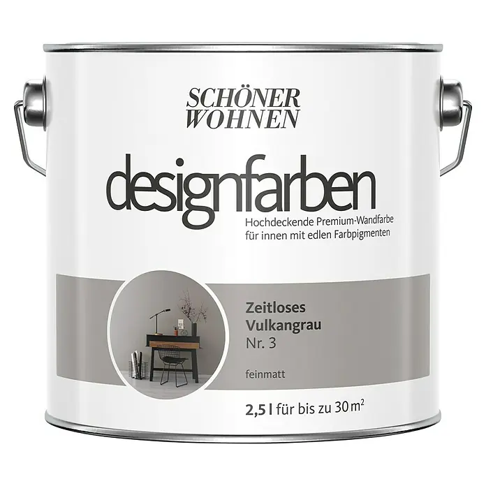 SCHÖNER WOHNEN-Farbe Wandfarbe Designfarbe - Zeitloses Vulkangrau, Matt, 2,5 l, Konservierungsmittelfrei - Farbdose "Schöner Wohnen Designfarben" in "Zeitloses Vulkangrau Nr. 3", eine hochwertige Innenfarbe für stilvolle Wandgestaltung.