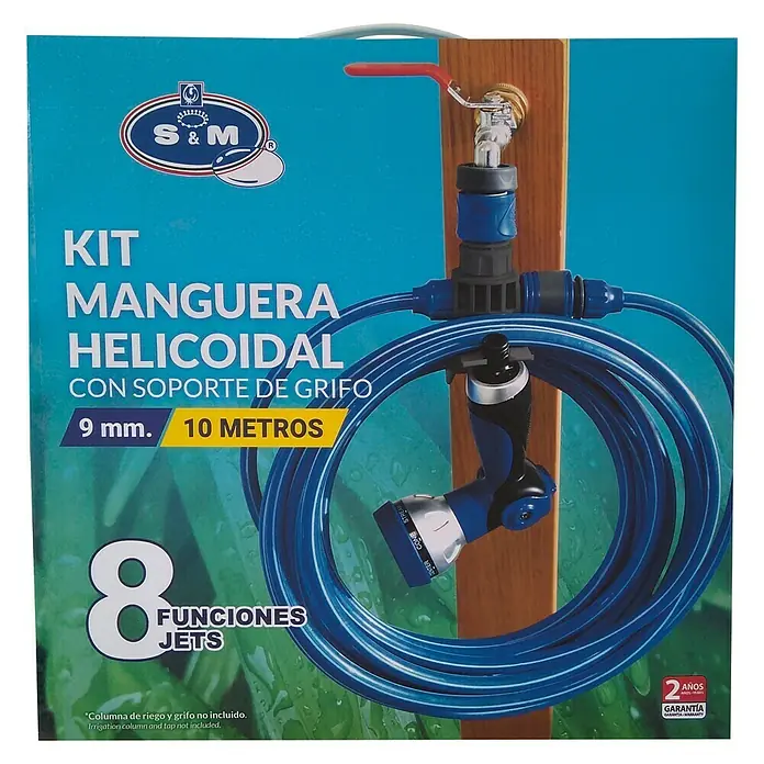 Kit de manguera helicoidal + soporte - Largo: 10 m - Imagen de un kit de manguera "S&M" con manguera en espiral, soporte de grifo, 8 funciones de chorro, 9 mm de diámetro y 10 metros de longitud.