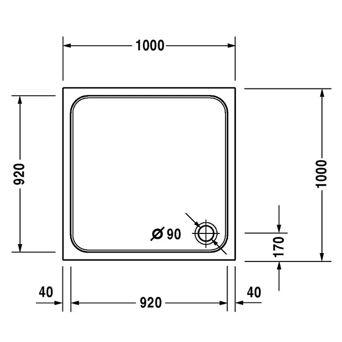Duravit D-Code Duschwanne - L x B: 100 x 100 cm, Kunststoff, Weiß, Mit Antirutsch-Oberfläche, Quadratisch - Technische Zeichnung einer quadratischen Duschwanne mit Maßangaben und Abflussdurchmesser.