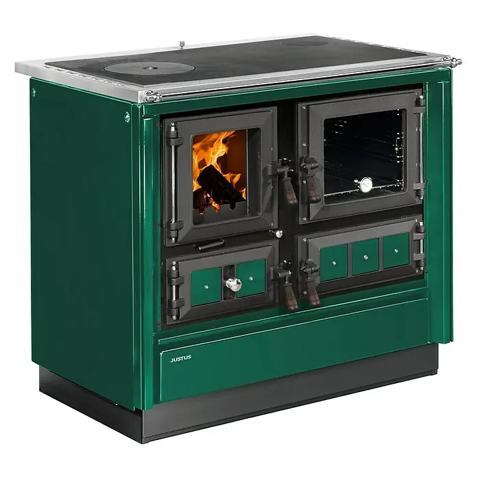 Justus Küchenherd Rustico-90 2.0 - 7 kW, Raumheizvermögen: 144 m³, Backofen rechts, Grün - Grüner Justus Holzherd mit Kochfeld und Backofen, der traditionelles Design und moderne Funktionalität vereint. Perfekt für gemütliche Küchen.