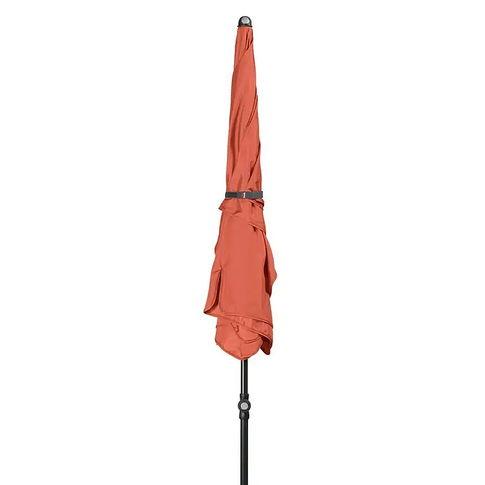 Doppler Sunline Marktschirm Waterproof Neo - Terra, Bespannungsmaß (L x B): 185 x 120 cm - Geschlossener Terrassenschirm in Terrakotta auf einem schwarzen Schirmständer.