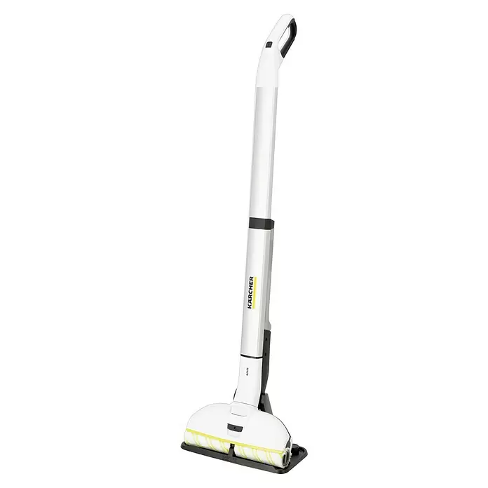 Kärcher Akku-Wischmopp EWM 2 - 7,4 V, Akkulaufzeit: 20 min, Flächenleistung: 180 m²/h - Weißer Kärcher Hartbodenreiniger mit schwarzen Akzenten und gelb gestreiften Rollen.