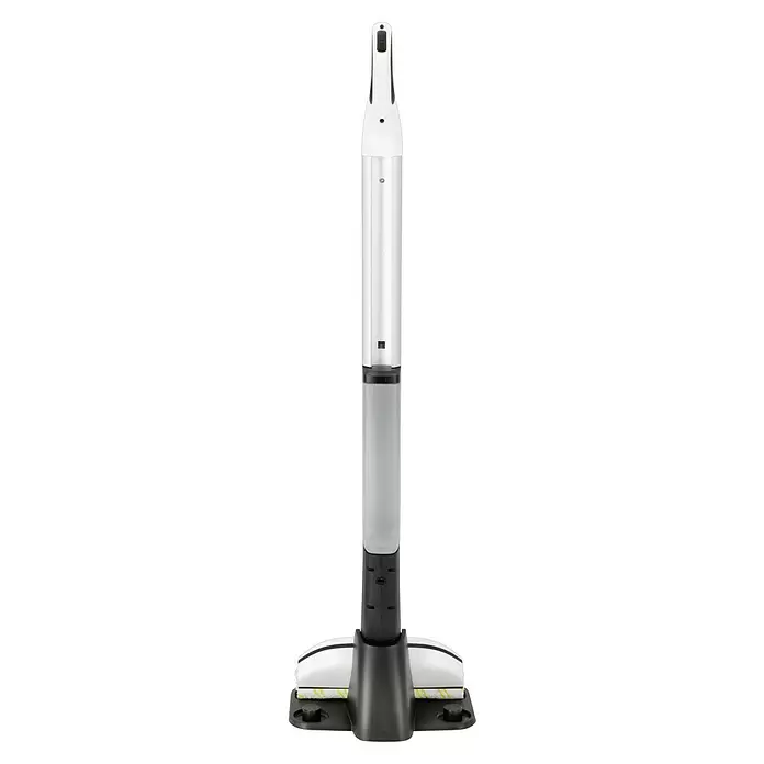 Kärcher Akku-Wischmopp EWM 2 - 7,4 V, Akkulaufzeit: 20 min, Flächenleistung: 180 m²/h - Weißer und schwarzer aufrechter Hartbodenreiniger mit transparentem Wassertank und gelb gestreiften Reinigungsrollen.