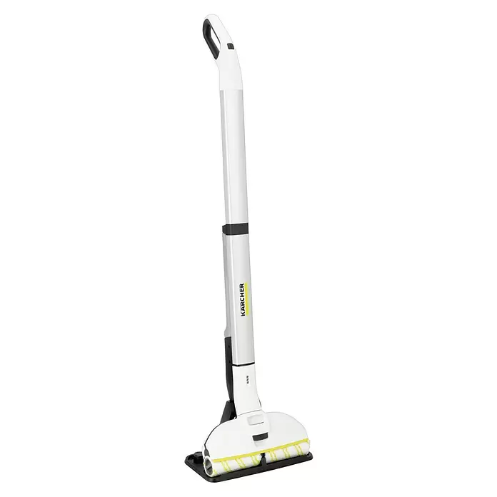 Kärcher Akku-Wischmopp EWM 2 - 7,4 V, Akkulaufzeit: 20 min, Flächenleistung: 180 m²/h - Weiß-schwarzer Kärcher Hartbodenreiniger mit gelben Walzenakzenten, aufrecht.