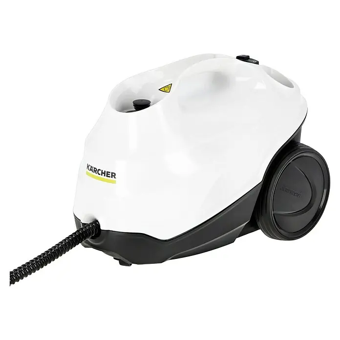 Kärcher Dampfreiniger SC 3 EasyFix - 1.900 W, Aufheizzeit: 0,5 min, Behältervolumen: 1 l - Eine Nahaufnahme eines weißen Kärcher Dampfreinigers vor einem schwarzen Hintergrund, der die Form und das Design des Gerätes hervorhebt.