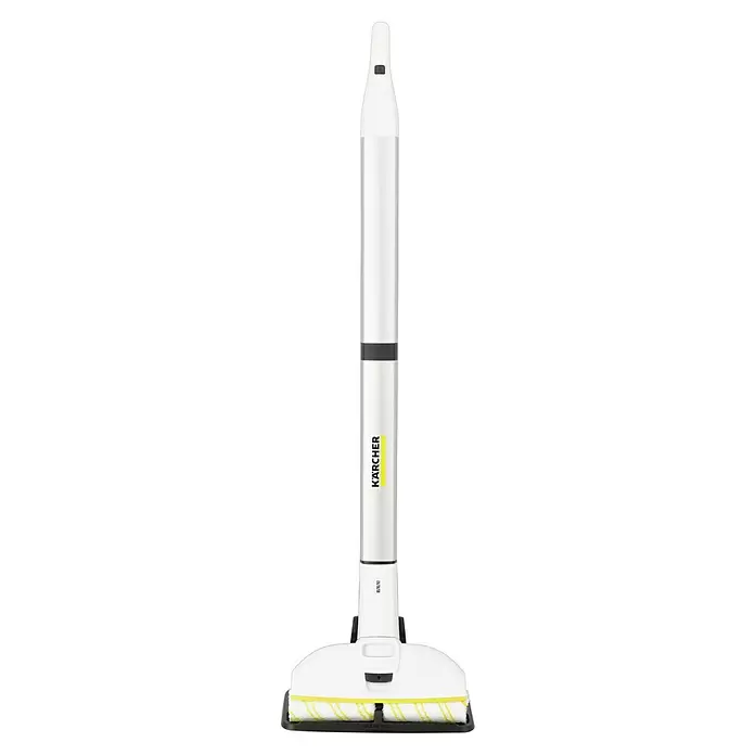 Kärcher Akku-Wischmopp EWM 2 - 7,4 V, Akkulaufzeit: 20 min, Flächenleistung: 180 m²/h - Weiß-grauer Kärcher Hartbodenreiniger mit gelben Akzenten und Reinigungsbürsten am Kopf.