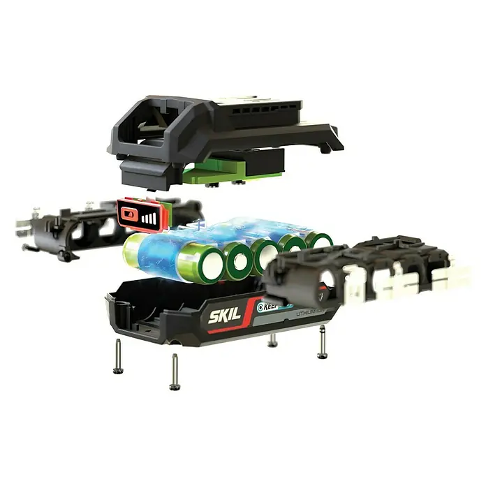 Skil PWRCore 20V Akku & Ladegerät 3111 AA - 20 V, 1 Akku, 4 Ah - Explosionszeichnung eines SKIL Lithium-Ionen-Akkus mit Ladestandsanzeige, der die interne Konstruktion und die Batteriezellen zeigt.