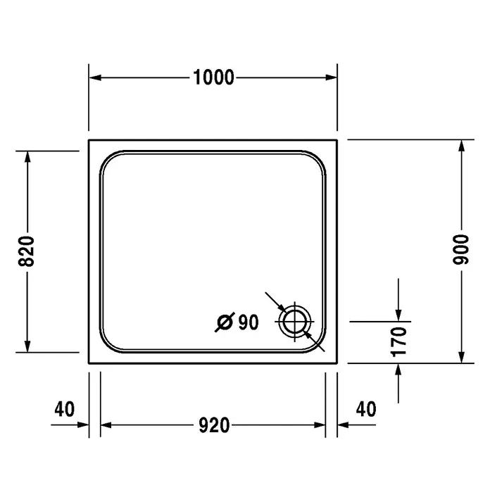 Duravit D-Code Duschwanne - L x B: 100 x 90 cm, Kunststoff, Weiß, Mit Antirutsch-Oberfläche, Rechteckig - Schematische Darstellung einer Duschwanne mit Maßangaben. Die Duschwanne ist rechteckig mit abgerundeten Ecken und einem Durchmesser von 90 mm.