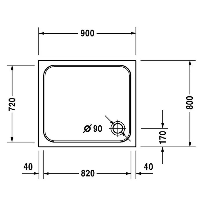 Duravit D-Code Duschwanne - L x B: 90 x 80 cm, Kunststoff, Weiß, Mit Antirutsch-Oberfläche, Rechteckig - Technische Zeichnung einer Duschwanne mit Maßangaben. Die Duschwanne ist rechteckig mit abgerundeten Ecken und einem Durchmesser von 90 mm.