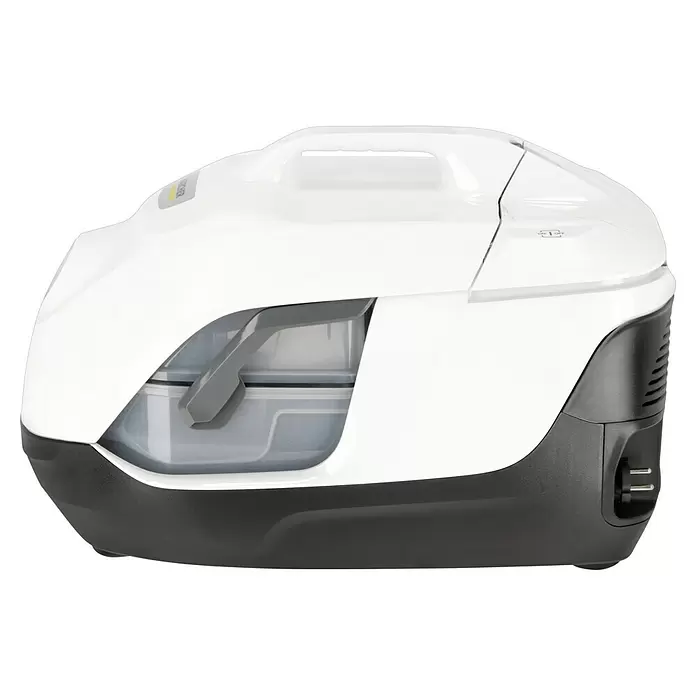 Kärcher Elektro-Staubsauger DS 6 - 650 W - Kompaktes weiß-dunkelgraues Kärcher Reinigungsgerät mit transparentem Tank, Tragegriff und integriertem Netzstecker.