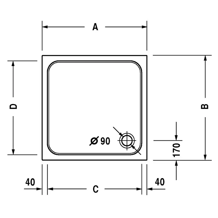Duravit D-Code Duschwanne - L x B: 80 x 80 cm, Kunststoff, Weiß, Mit Antirutsch-Oberfläche, Quadratisch - Technische Zeichnung einer Duschwanne mit den Maßen A, B, C, D, einem Abflussdurchmesser von 90 mm und einem Abstand von 170 mm.