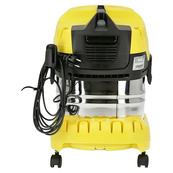Kärcher Elektro-Nass- & Trockensauger WD 4 S V-20/5/22 - 1.000 W, 20 l - Rückansicht eines gelben und silbernen Nass- und Trockensaugers mit schwarzem Kabel.
