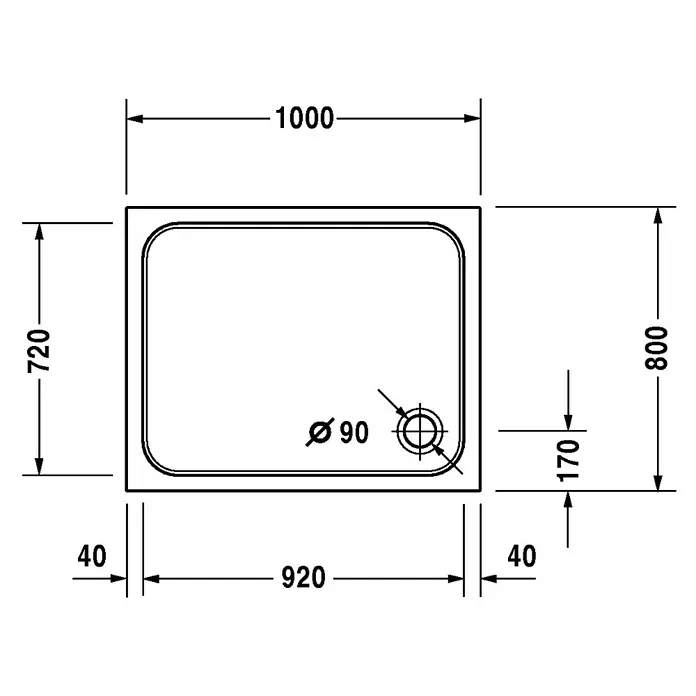 Duravit D-Code Duschwanne - L x B: 100 x 80 cm, Kunststoff, Weiß, Mit Antirutsch-Oberfläche, Rechteckig - Draufsicht einer rechteckigen Duschwanne mit Abmessungen und Ablauf.