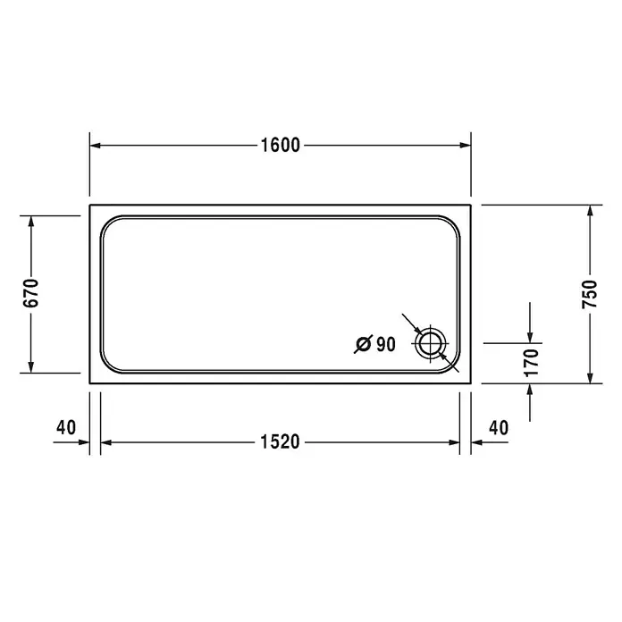 Duravit D-Code Duschwanne - L x B: 160 x 75 cm, Kunststoff, Weiß, Mit Antirutsch-Oberfläche, Rechteckig - Technische Zeichnung einer rechteckigen Badewanne mit den Maßen 1600x670x750 mm und einem Durchmesser von 90 mm für den Abfluss.