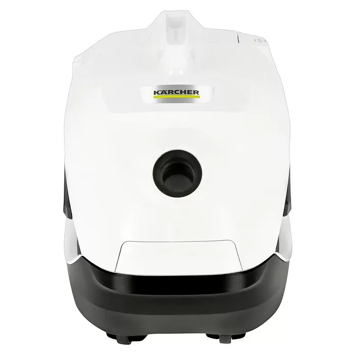 Kärcher Elektro-Staubsauger DS 6 - 650 W - Weißer und schwarzer Kärcher Bodenstaubsauger, Vorderansicht. Mit Schlaucheinlass und Markenlogo.