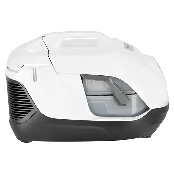 Kärcher Elektro-Staubsauger DS 6 - 650 W - Weißer und schwarzer Kärcher Staubsauger mit sichtbarem transparentem Wasserbehälter, seitlich gesehen.