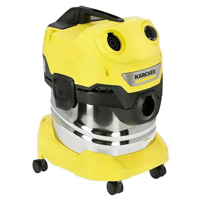 Kärcher Elektro-Nass- & Trockensauger WD 4 S V-20/5/22 - 1.000 W, 20 l - Abgebildet ist ein gelber Kärcher Mehrzwecksauger mit Chrom-Details, der für vielfältige Reinigungsaufgaben im Haushalt und Werkstatt geeignet ist.