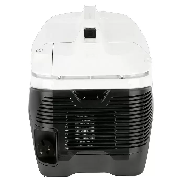 Kärcher Elektro-Staubsauger DS 6 - 650 W - Rückansicht eines weiß-schwarzen Staubsaugers mit Steckdose und Lüftung.