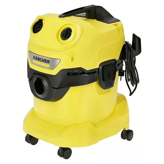 Kärcher Elektro-Nass- & Trockensauger WD 4 V-20/5/22 - 1.000 W, 20 l - Gelber und schwarzer Kärcher Nass-Trockensauger mit Tragegriff, Anschlüssen und Netzkabel auf vier schwarzen Rollen.