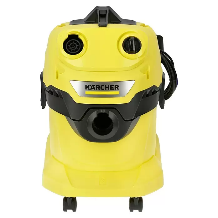 Kärcher Elektro-Nass- & Trockensauger WD 4 V-20/5/22 - 1.000 W, 20 l - Gelb-schwarzer Kärcher Staubsauger mit Schlauchanschlüssen, Drehknopf und Rollen, frontalansicht.