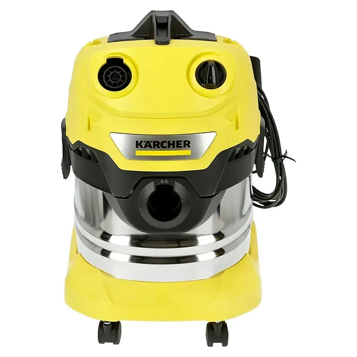 Kärcher Elektro-Nass- & Trockensauger WD 4 S V-20/5/22 - 1.000 W, 20 l - Gelber Kärcher Nass- und Trockensauger mit silberfarbenem Behälter und schwarzem Kabel.