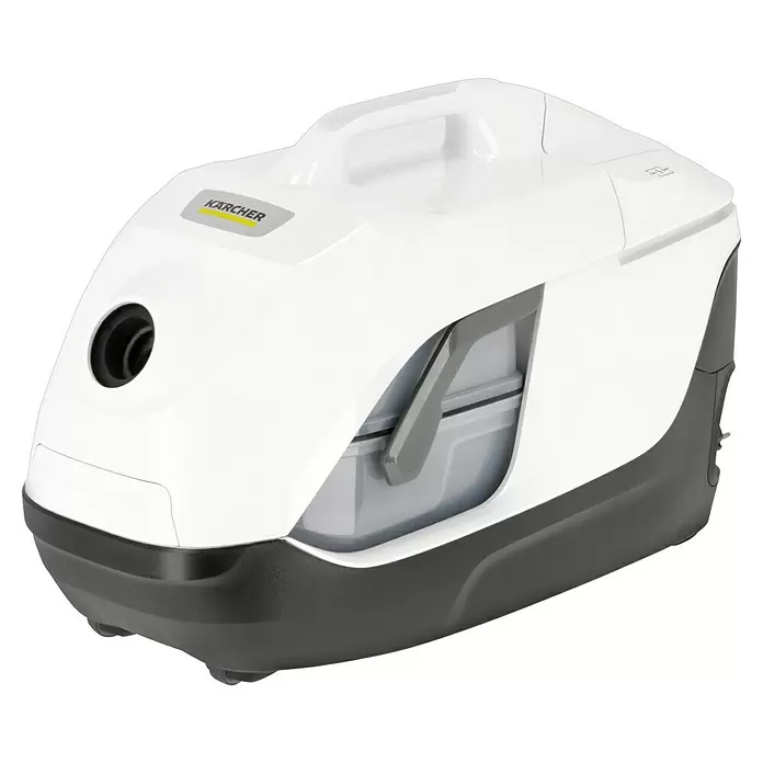 Kärcher Elektro-Staubsauger DS 6 - 650 W - Weiß-dunkelgrauer Kärcher Staubsauger mit Griff, vorderem Schlauchanschluss und transparentem Seitenbehälter.