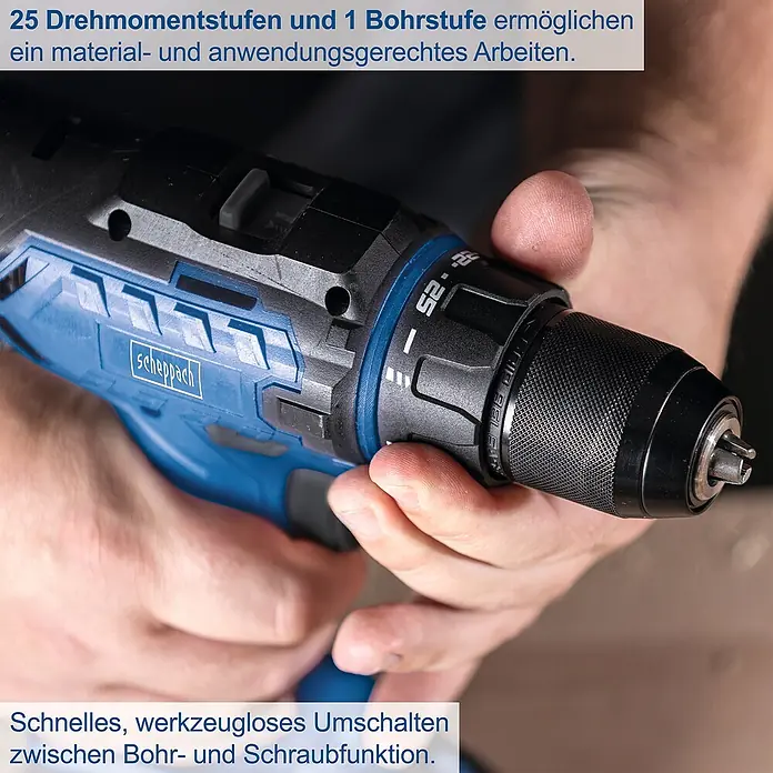 Scheppach IXES 20V Akku-Bohrschrauber C-DD45-X - 20 V, Ohne Akku, 45 Nm - Nahaufnahme eines Scheppach Akku-Bohrschraubers mit 25 Drehmomentstufen für materialgerechtes Arbeiten.