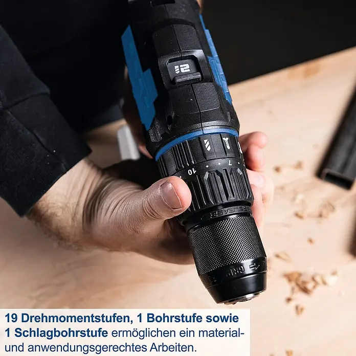 Scheppach IXES 20V Akku-Schlagbohrschrauber C-CD45-X - 20 V, Ohne Akku, 45 Nm - Nahaufnahme eines Akkuschraubers mit 19 Drehmomentstufen, 1 Bohrstufe und 1 Schlagbohrstufe für materialgerechtes Arbeiten.