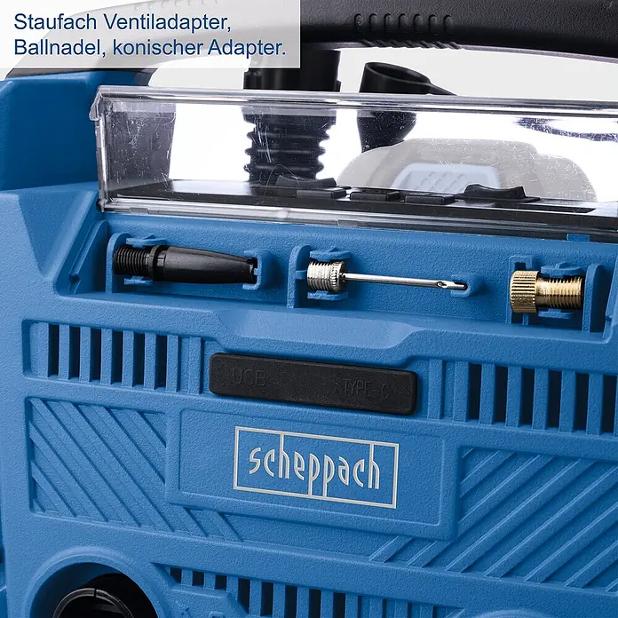 Scheppach IXES 20V Hybrid-Kompressor Air Force 6 - 20 V, Ohne Akku, Max. Druck: 10,3 bar - Detailaufnahme eines Scheppach-Produkts mit Aufbewahrungsfach für Ventiladapter, Ballnadel und konischen Adapter. USB- und Typ-C-Anschlüsse sichtbar.
