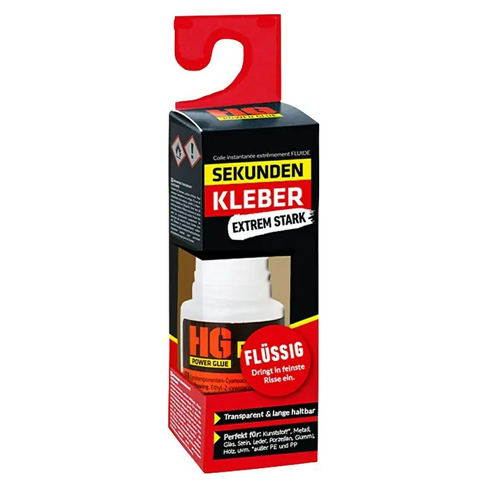HG Power Glue Sekundenkleber - 20 g, Flüssig, Flasche - Bild einer HG Sekundenkleber-Verpackung, extrem stark und flüssig, ideal für schnelle Reparaturen im Haushalt.