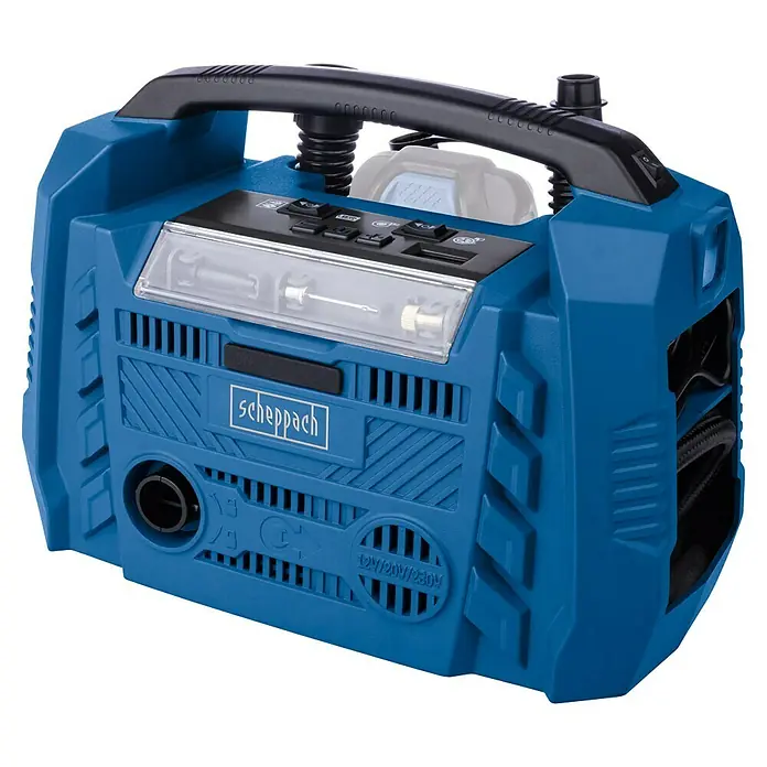 Scheppach IXES 20V Hybrid-Kompressor Air Force 6 - 20 V, Ohne Akku, Max. Druck: 10,3 bar - Scheppach Luftkompressor in blau. Der Kompressor hat einen praktischen Tragegriff und verschiedene Anschlüsse für unterschiedliche Anwendungen.