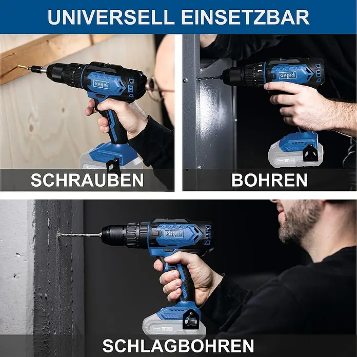 Scheppach IXES 20V Akku-Schlagbohrschrauber C-CD45-X - 20 V, Ohne Akku, 45 Nm - Scheppach Akku-Bohrschrauber im Einsatz. Universell einsetzbar für Schrauben, Bohren und Schlagbohren, gezeigt in verschiedenen Anwendungen.