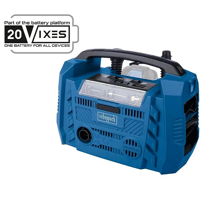 Scheppach IXES 20V Hybrid-Kompressor Air Force 6 - 20 V, Ohne Akku, Max. Druck: 10,3 bar - Scheppach Luftpumpe mit LED-Licht, blau, mit Tragegriff und verschiedenen Anschlussmöglichkeiten für Reifen, Bälle usw.
