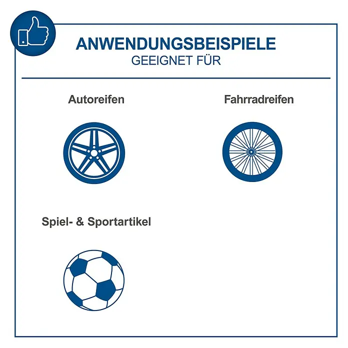 Scheppach IXES 20V Hybrid-Kompressor Air Force 6 - 20 V, Ohne Akku, Max. Druck: 10,3 bar - Bild mit Anwendungsbeispielen für Autoreifen, Fahrradreifen und Spiel- & Sportartikel, dargestellt durch Icons.