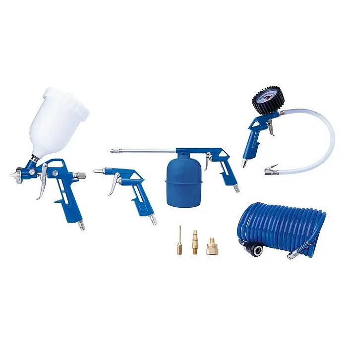 Scheppach Druckluft-Set - Betriebsdruck: 8 bar, 8 -tlg. - Sortiment an blauen Druckluftpistolen, inklusive Spritzpistole, Reifenfüller und Zubehör für verschiedene Anwendungen.