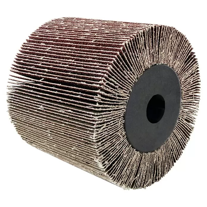 Scheppach Lamellenschleifrolle - Durchmesser: 125 mm, Passend für: Scheppach Satiniermaschine MRS1300, 1 Stk. - Fächerschleifer zum Schleifen, mit braun-grauen Schleiflamellen, die von einer schwarzen Nabe ausstrahlen.