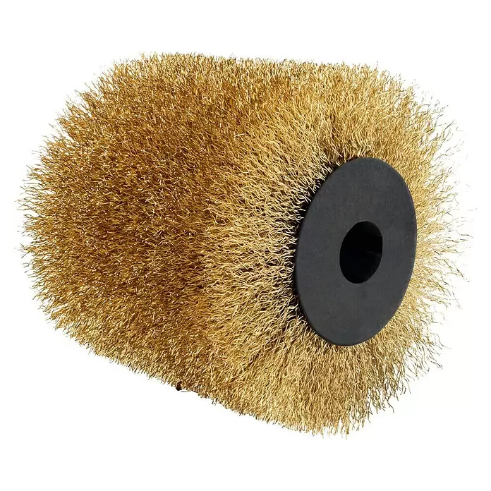 Scheppach Messingdrahtbürste - Durchmesser: 125 mm, Passend für: Scheppach Multischleifer MRS1300 - Messingdrahtbürstenrad mit schwarzer Nabe zum Reinigen und Polieren.