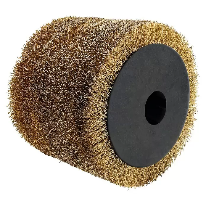 Scheppach Metalldrahtbürste - Durchmesser: 125 mm, Passend für: Scheppach Multischleifer MRS1300 - Goldenes Messingdrahtbürstenrad mit schwarzer Mitte für abrasive Reinigung.