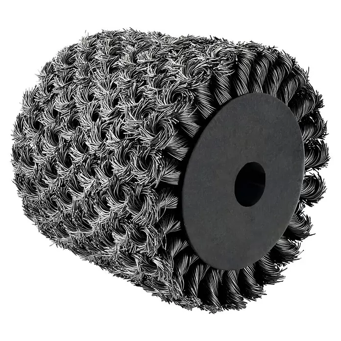 Scheppach Metalldrahtbürste - Durchmesser: 125 mm, Passend für: Scheppach Satiniermaschine MRS1300 - Zylindrische Drahtbürstenwalze mit gedrehten Metallborsten und dunkelgrauem Kern.