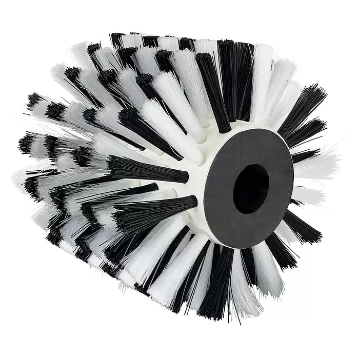 Scheppach Kunststoff-Schleifbürste - Durchmesser: 125 mm, Passend für: Scheppach Multischleifer MRS1300, Schwarz - Schwarz-weiße Bürstenrolle mit spiralförmigen Borsten und zentraler schwarzer Nabe.