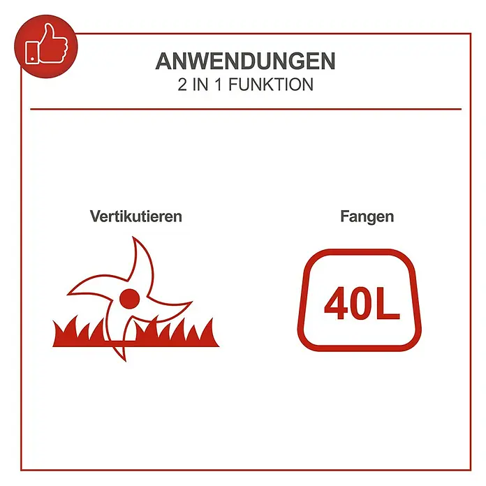 Scheppach Benzin-Vertikutierer SC55P - 4 kW, Arbeitsbreite: 40 cm - Bild von 2-in-1-Funktionen des Rasenlüfters, einschließlich Vertikutieren und Fangen mit einem 40-Liter-Fangkorb.