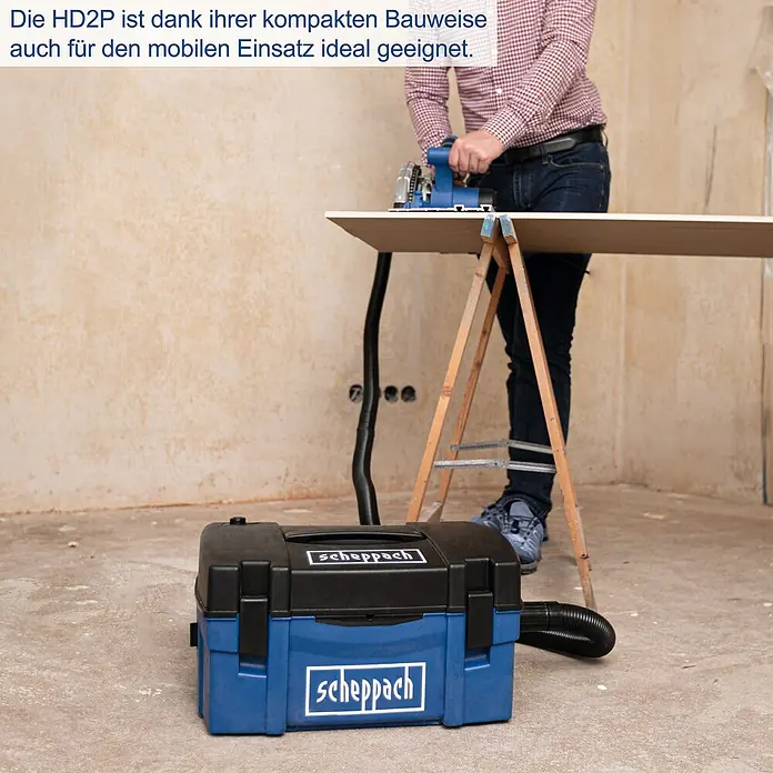 Scheppach Absauganlage HD2P - Max. Luftleistung: 120 m³/h, Füllmenge: 5 l, 1.250 W - Der Scheppach HD2P Nass- und Trockensauger ist dank seiner kompakten Bauweise ideal für den mobilen Einsatz.