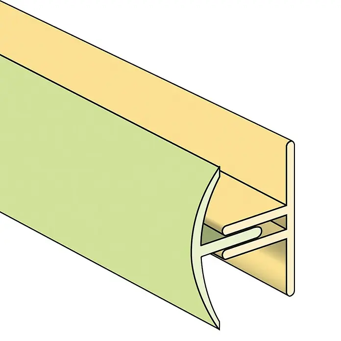Grosfillex H-Profil - Weiß, 2.600 x 11 x 20 mm - Profilzeichnung einer Türdichtung in Gelb und Grün. Die Dichtung besteht aus zwei Teilen, die ineinandergreifen und eine Abdichtung bilden.