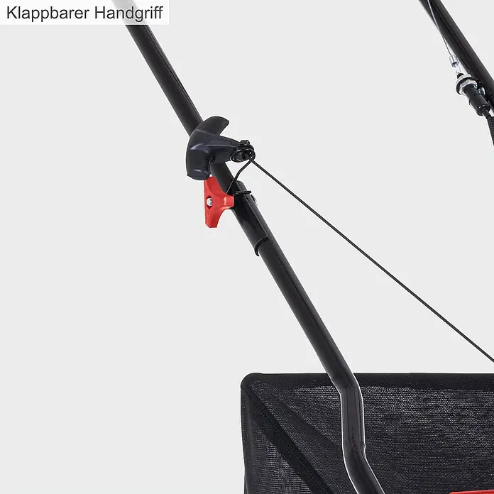 Scheppach Benzin-Vertikutierer SC55P - 4 kW, Arbeitsbreite: 40 cm - Klappbarer Handgriff einer Rasenmähers. Der Griff ist schwarz mit einem roten Hebel. Die Konstruktion ist robust und funktional.