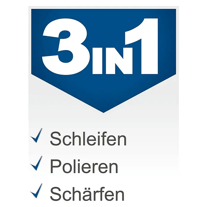 Scheppach Elektro-Nass-Trockenschleifer BG 200W - 250 W - Das Bild zeigt ein 3-in-1 Produkt, das Schleifen, Polieren und Schärfen kann, dargestellt durch ein blaues Logo mit weißer Schrift.