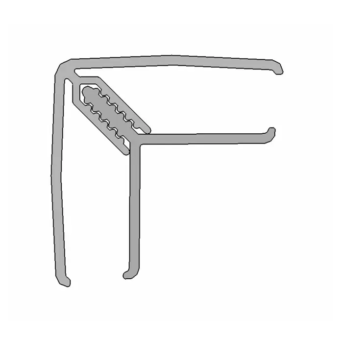 Grosfillex Winkelleiste - Weiß, 2.600 x 11 x 20 mm - Darstellung eines Eckprofils mit Federklemme in Grau, ideal für diverse Anwendungen.
